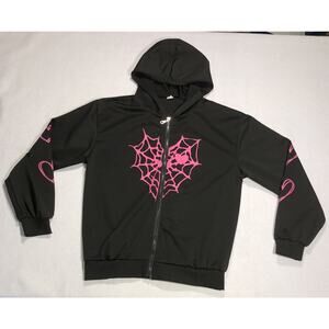 Shein Hoodie Spider Web Witchy Goth Graphic Black Pink Girls Sz M? See Meas